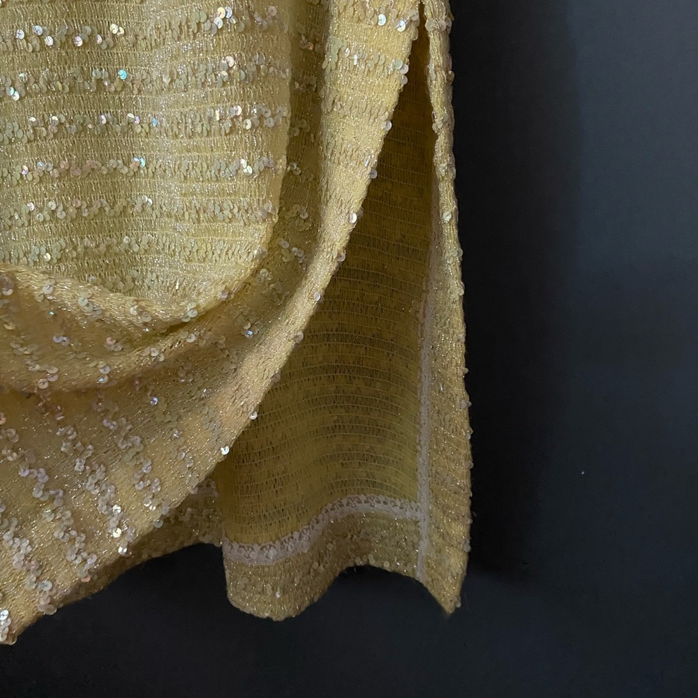 SOLD Vintage 1960s Yellow Sequin Knit Dress with Belt and Scarf - Picture 9 of 11